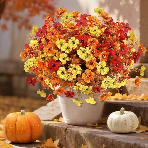 ROLLWAY 9 Bündel Herbstblumen Künstlich Kunstblumen Herbst für Draußen, Seidenblumen Künstliche Blumen Herbst Deko Herbststrauß Herbstzweige Balkonpflanzen Herbstpflanzen Herbstdeko Blumen Orange von ROLLWAY