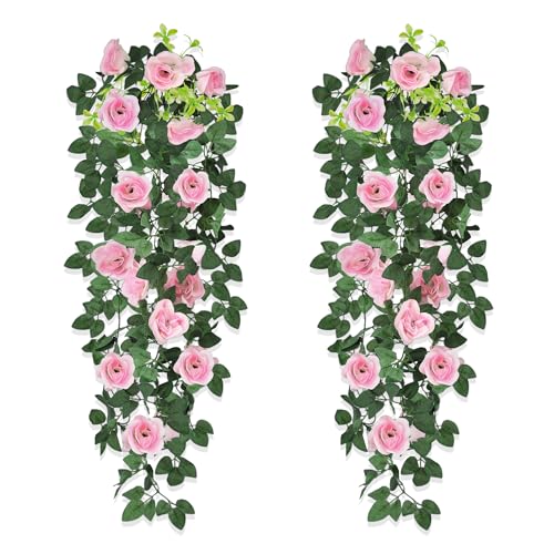 ROLLWAY 2 Stück Künstliche Blumen Hängend Kunstblumen 95cm Hängeblumen Künstlich Hängende Rose Blumen Hängepflanzen Seidenblumen Plastikblumen für Außen Hochzeit Garten Outdoor Wand Dekoration von ROLLWAY