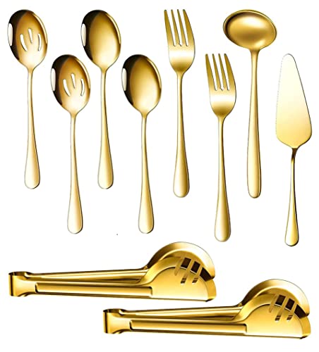 ROLMZJX 10 Stück Großes Golden Servierutensilien-Set, Edelstahl-Servierutensilien-Set mit großen Servierlöffeln, Schlitzlöffeln, Serviergabeln, Suppenkelle, Kuchenheber und Servierzange von ROLMZJX