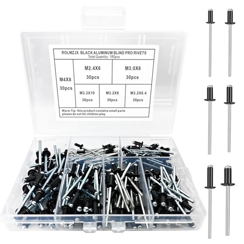 ROLMZJX 180Stück Blindnieten Set, 4.0mm/3.2 mm/3.0mm/2.4 mm Aluminium-Blindnieten,Pop-Nieten mit offenem Ende, Alu Blindnieten Sortiment Popnieten Set Pop Nieten für Metall Holz Kunststoff (Schwarz) von ROLMZJX