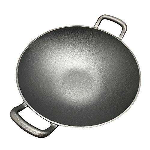 ROLTIN Binauraler Wok aus Gusseisen im Alten Stil, Roheisentopf, verdickte Antihaftpfanne, unbeschichteter Wok mit flachem Boden von ROLTIN