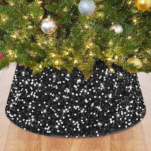 Weihnachtsbaum Kragen Schwarz 24 Zoll Pailletten Baum Rock Halloween Baum Röcke für künstliche Bäume Bestickt Samt Baum Ring Meerjungfrau Glitzer Baum Rock Kragen für Weihnachtsbaum Basis Dekorationen von ROMANKAS