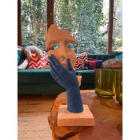 Maske Skulptur Statue, 10 Zoll, Geschenk Zur Wohnungserwärmung, Kreatives Abstraktes Dekor, Blaues Statue Gesicht, Handstatuen, Haus Und Büro von ROMARTSculptures