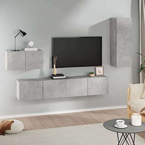 4-TLG. TV-Schrank-Set Betongrau Holzwerkstoff HiFi Rack tv ständer hängeschrank tv kommode von ROMHZKS
