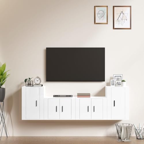 4-TLG. TV-Schrank-Set Hochglanz-Weiß Holzwerkstoff Fernsehschrank hängeschrank kommode tv möbel von ROMHZKS