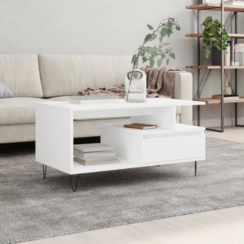 Eleganter Couchtisch mit Schublade und Metallbeinen - Stilvoller Sofatisch aus Holzwerkstoff mit Stauraum und robuster Tischplatte für Wohnzimmer von ROMHZKS