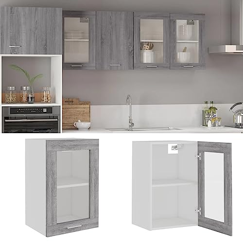 Hängeschrank Lyon Glas Grau Sonoma Moderner Küchenschrank aus Eichenholz mit viel Stauraum und elegantem Design 40x31x60 cm Holzwerkstoff von ROMHZKS