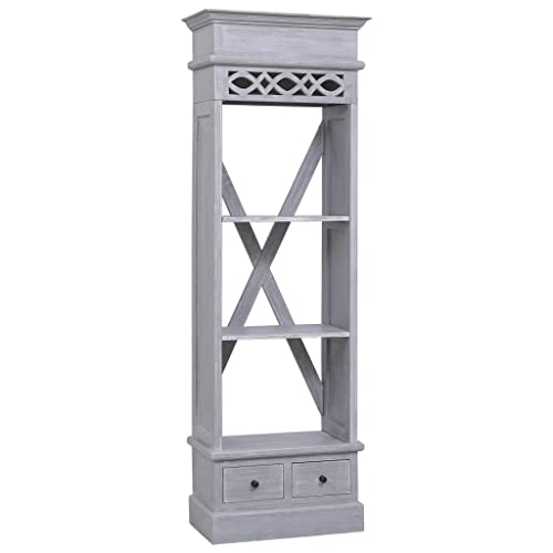 Massives Mahagoni Highboard mit grauem Finish - Elegantes Bücherregal mit 3 offenen Fächern und 2 Schubladen für Moderne Einrichtung von ROMHZKS