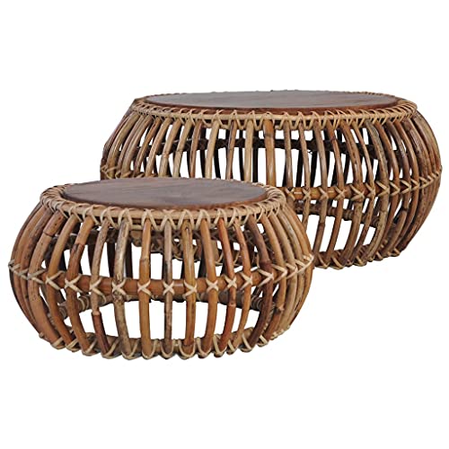 Natürlicher Rattan Couchtisch mit Teakholz, 2er Set in verschiedenen Größen, stabil bis 110 kg, leicht zu reinigen, für Wohnzimmer und Essbereich. von ROMHZKS