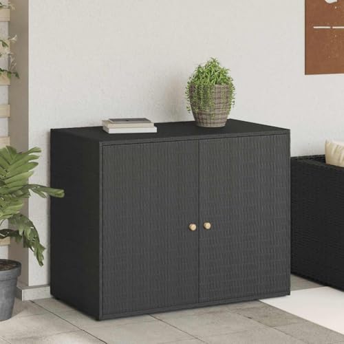ROMHZKS Gartenschrank aus Poly Rattan mit Akazienholz Griffen, wasserfest und stabil für Außenbereich, großer Stauraum von ROMHZKS