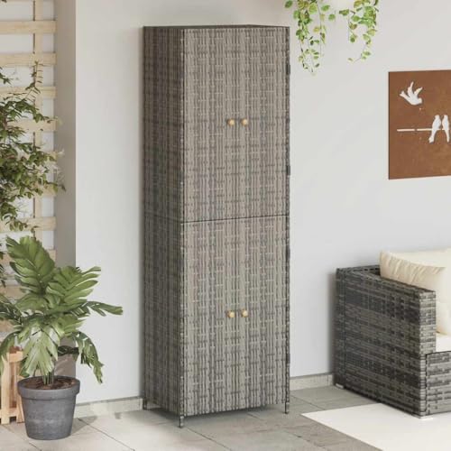 ROMHZKS Gartenschrank aus Poly Rattan mit Stahlrahmen, wasserfest und langlebig, 4 Fächer für Werkzeuge und Außenbereich Stauraum von ROMHZKS