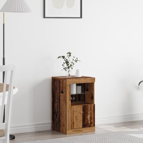 ROMHZKS Mittelgroßer rustikaler Holzaufbewahrungsschrank mit Altholz-Look, geräumig mit Zwei Fächern und Glasregal für Wohnzimmer, Schlafzimmer, Flur. von ROMHZKS