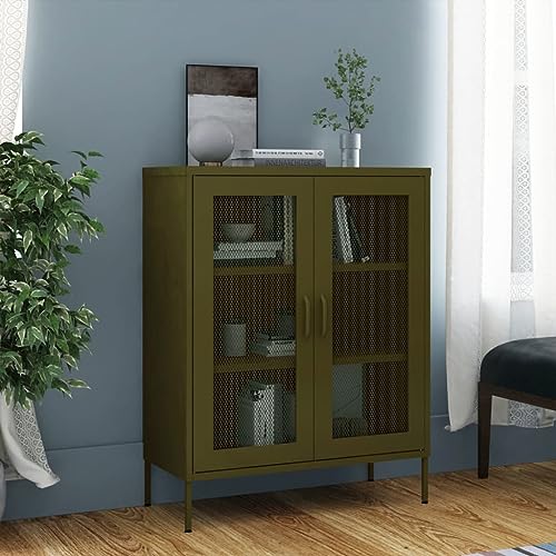 ROMHZKS Stahl Beistellschrank mit 2 Gittertüren und höhenverstellbaren Stellfüßen - Lagerschrank mit Einlegeböden für Bücher und persönliche Sachen von ROMHZKS