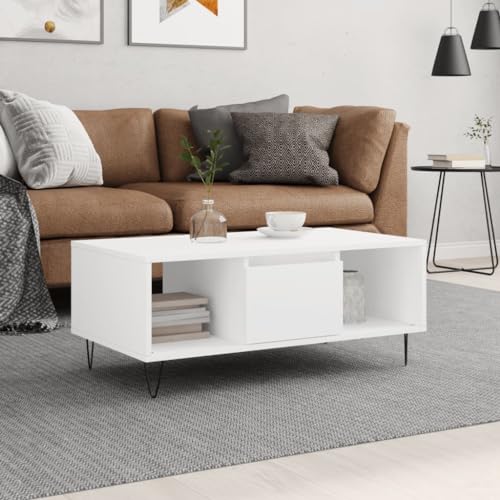ROMHZKS Stylischer Couchtisch aus Holzwerkstoff mit Metallbeinen und Stauraum - Eleganter Sofatisch für Wohnzimmer mit Schublade und Fächern ROMHZKS Stylischer Couchtisch aus Holzwerkstoff mit Metallbeinen und Stauraum - Eleganter Sofatisch für Wohnzimmer mit Schublade und Fächern von ROMHZKS