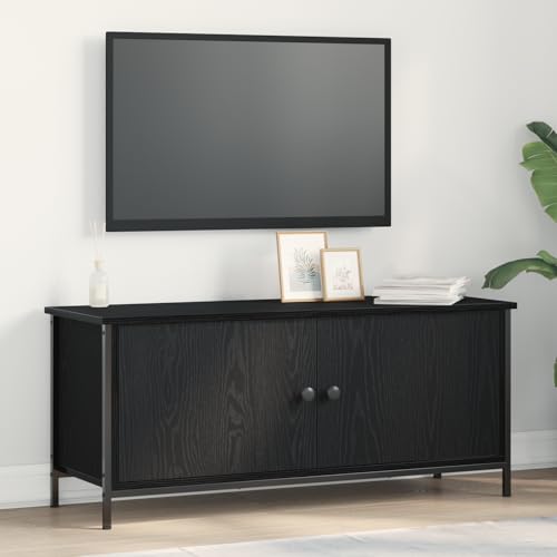 Schwarzer Eichen TV-Ständer Schwarze Eiche Spanplatte, Metall tv möbel Fernseher kommode tv Regal HiFi Rack von ROMHZKS