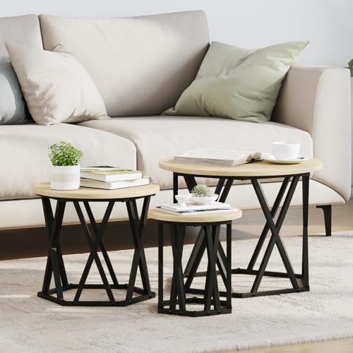 Sonoma Eiche Couchtischset Runde Beistelltische Modern mit Metallgestell für Wohnzimmer Schlankes Design Kompakt und Vielseitig von ROMHZKS