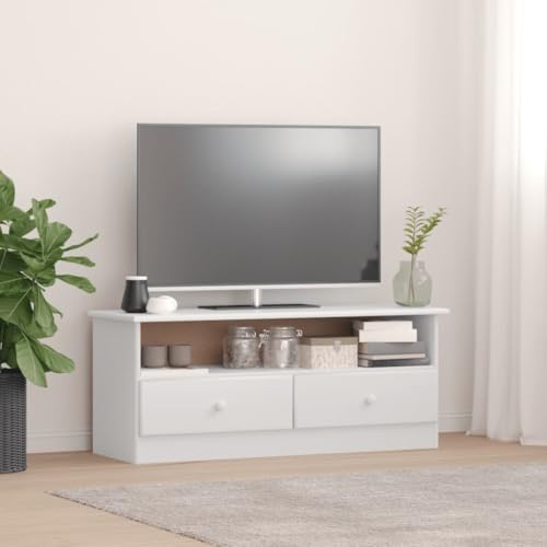 TV-Schrank mit Schubladen ALTA Weiß tv kommode Sideboard Wohnzimmer Couchtisch Fernseher Tisch 100x35x41 cm Kiefernholz von ROMHZKS
