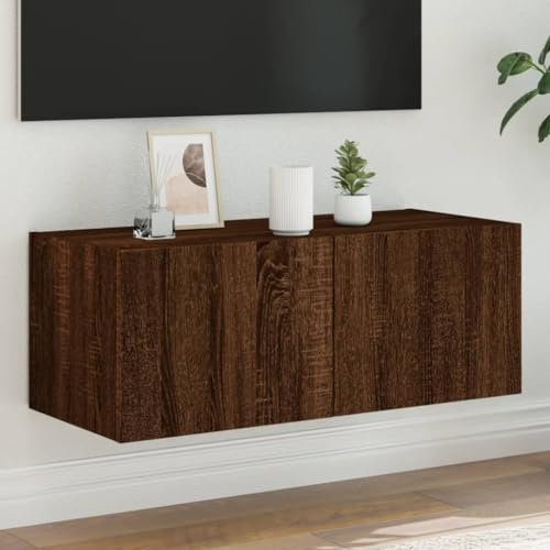 TV-Wandschrank mit LED-Leuchten Braun Eichen-Optik HiFi Rack tv kommode lowboard tv Bank 80x35x31 cm von ROMHZKS