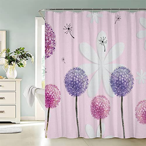 ROMIGO 3D Löwenzahn Duschvorhang Anti-Schimmel 180x180 cm Pinke Blume Wasserdichter Anti-Bakteriell Polyester Stoff Badewanne Vorhang Waschbar Badvorhang für Badezimmer mit 12 Haken von ROMIGO