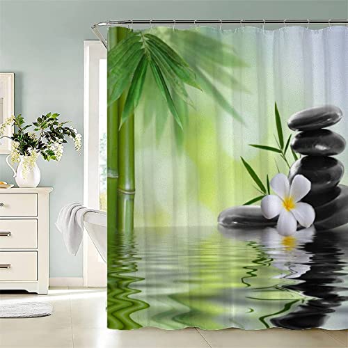 ROMIGO 3D Zen Duschvorhang Anti-Schimmel 180x180 cm Grün Bambus Steine Wasserdichter Anti-Bakteriell Polyester Stoff Badewanne Vorhang Waschbar Badvorhang für Badezimmer mit 12 Haken von ROMIGO