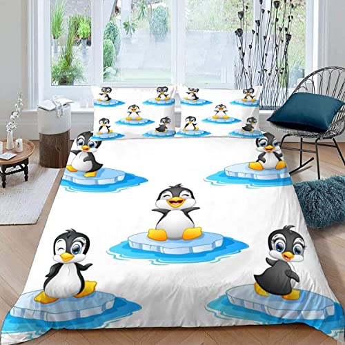 ROMIGO Bettwäsche-Sets 135x200 3 Teilig Cartoon-Pinguin Mädchen Jungen Kinder 3D Druck Süße Tiere Mikrofaser Atmungsaktive Erwachsene Bettbezug mit Reißverschluss und 2 Kissenbezüge 80x80cm von ROMIGO