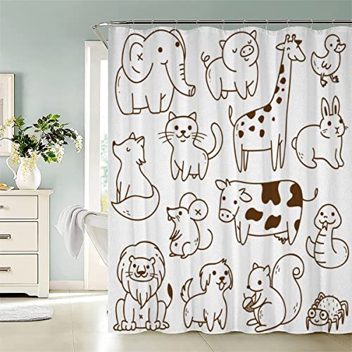 ROMIGO Doodle-Tiere Duschvorhang 180x200 Anti-Schimmel Duschvorhänge für Badewanne Badezimmer Wasserdichter Waschbar Polyester Stoff Cartoon-Stil Shower Curtains mit 12 Duschvorhangringe von ROMIGO