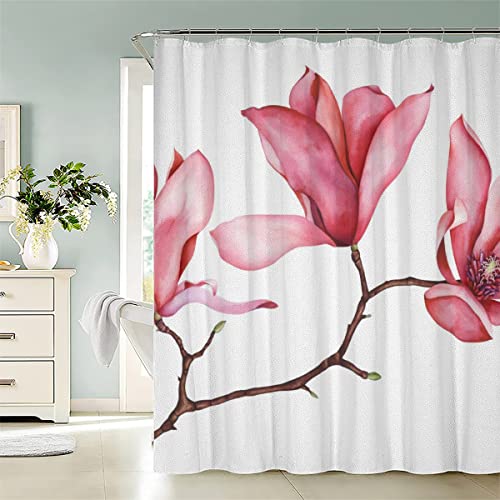 ROMIGO Duschvorhang Magnolie 120x180 cm Anti-Schimmel Wasserdichter Waschbar Polyester Stoff Shower Curtain für Badezimmer 3D Pinke Blume Badewanne Vorhang mit 12 Duschvorhängeringen von ROMIGO