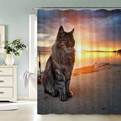 ROMIGO Katze Duschvorhang 180x200 Anti-Schimmel Duschvorhänge für Badewanne Badezimmer Wasserdichter Waschbar Polyester Stoff Sonnenuntergang Tiere Shower Curtains mit 12 Duschvorhangringe von ROMIGO