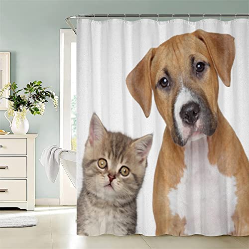 ROMIGO Katze Und Hund Duschvorhang Anti-Schimmel mit 12 Duschvorhangringe Wasserdicht Waschbar Polyester Lang Duschvorhänge 240x200 für Badewanne Badezimmer 3D Süßes Haustier Shower Curtain von ROMIGO