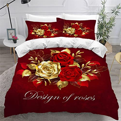 Rote Rosen U Bettwäsche 155x220 Mädchen Jungen Teenager 3D Druck Goldene Blumen Weich Mikrofaser Atmungsaktive Sommer Erwachsene Bettbezug mit Reißverschluss und 2 Kissenbezüge 80x80cm von ROMIGO