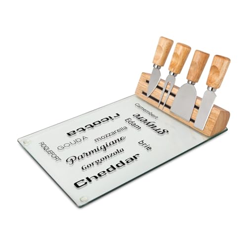 ROMINOX Geschenkartikel Käse-Set // Vetro – Pflegeleichtes Käsezubehör 5-teilig: Glasplatte, Holzkörper mit magnetischer Halterung, 4 praktische Käsebesteckteile; Maße: ca. 30 x 20 x 12 cm von ROMINOX