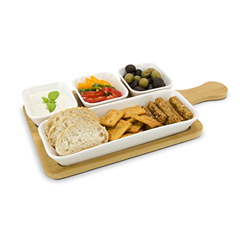 ROMINOX Geschenkartikel Servierschalen // Quattro Bamboo, 5-teiliges Set aus 4 Keramikschälchen auf Bambusbrett mit Griff, für Snacks, Antipasti oder Tapas mit Dips; ca. 35.5 x 18.5 x 3.7 cm von ROMINOX