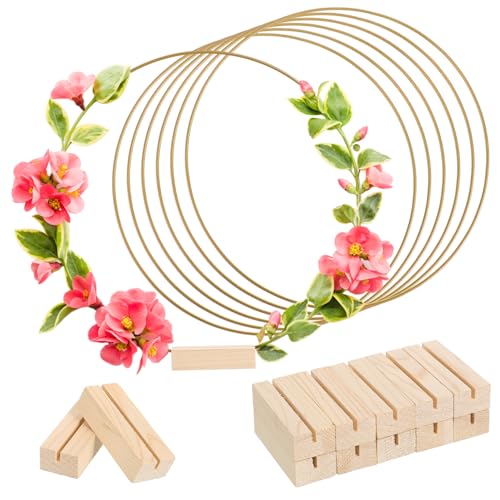ROMISBABA 10 Stück Metallringe mit Holzsockel Metallringe zum Basteln Deko Ringe mit Ständer für Tisch und Wanddeko Hochzeit Makramee Floral Stand von ROMISBABA