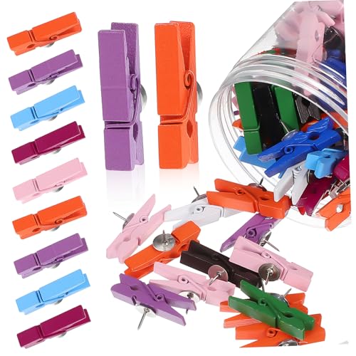 ROMISBABA 100 Stück Holzklammern mit Reißnägeln für Pinnwand Daumennägel mit Clips Schonend für Fotos Geeignet für Büro Schule Zuhause Praktische Aufbewahrung im Eimer Farbige von ROMISBABA