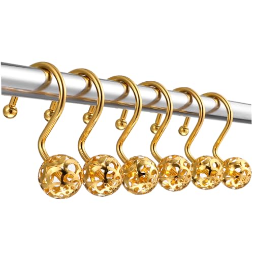 ROMISBABA 12 Stück Goldene Duschvorhanghaken aus Edelstahl mit Dekorativem Hohlem Perlen Design Geräuschlos Gleitend Installieren Geeignet für Badezimmer und Duschvorhänge von ROMISBABA