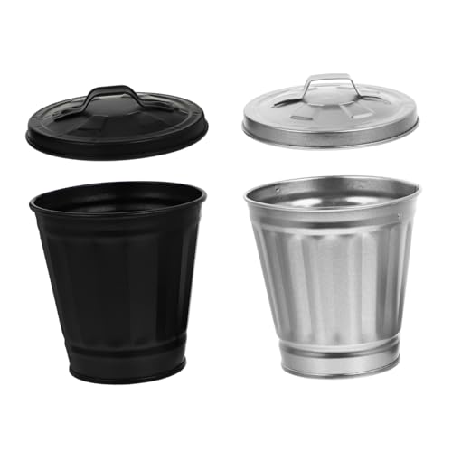 ROMISBABA 2 STÜCK Mini Tischmülleimer aus mit Deckel Kleines Aufbewahrungsgefäß und Dekorativer Blumentopf Tragbarer Desktop Abfalleimer in Schwarz und Silber für Küche Wohnzimmer Büro von ROMISBABA