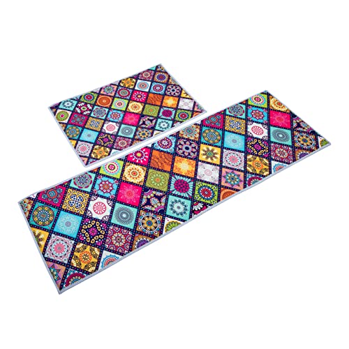 ROMISBABA 2 Stück Nordische Print Fußmatte rutschfest Geometrisch Vintage Türvorleger für Küche Wohnzimmer Schlafzimmer Vielseitig und Pflegeleicht von ROMISBABA