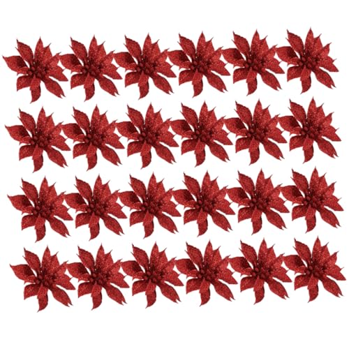 ROMISBABA 24 Stück Teiliges Mini Dekoblumen Doppelstöckige Rattan Weihnachtsblumen mit Glitzereffekt DIY Girlande für Weihnachtsbaum und Festtagsdeko Vielseitig für Hochzeit und Fotografie von ROMISBABA