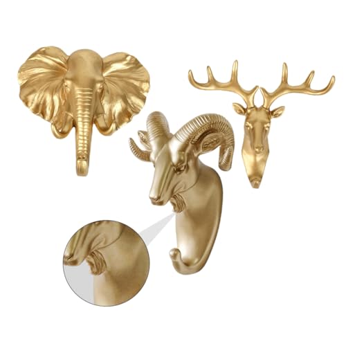 ROMISBABA 3 Stück Selbstklebende Garderobenhaken Tierkopf aus Starke Wandhalterung für Jacken und Taschen Wandhaken Dekoration im Goldfarbenen Design Einfache Montage ohne Bohren Tierkopf von ROMISBABA
