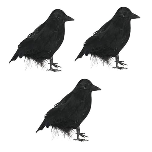ROMISBABA 3 Stück Teiliges Crow Deko mit Realistischem Schwarzem Federdesign Kompakte Halloween Party Ornamente für Innen Detailgetreue Nachbildung als Gruselige Tisch und Fensterdeko von ROMISBABA