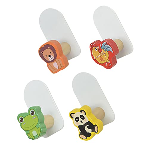 ROMISBABA 4 Stück Teiliges Selbstklebende Wandhaken aus Holz Niedliche Cartoon Tierform Frosch Panda Hahn Platzsparend Robust als Garderoben und Handtuchhaken für Kinderzimmer und Bad von ROMISBABA