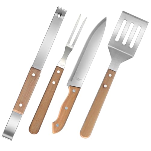 ROMISBABA BBQ Grillbesteck Set Teilig Edelstahl mit Buchenholzgriff Robustes Grillzubehör für Outdoor Barbecue Camping Picknick Inklusive Grillgabel Spatel Messer Zange rutschfeste Griffe von ROMISBABA