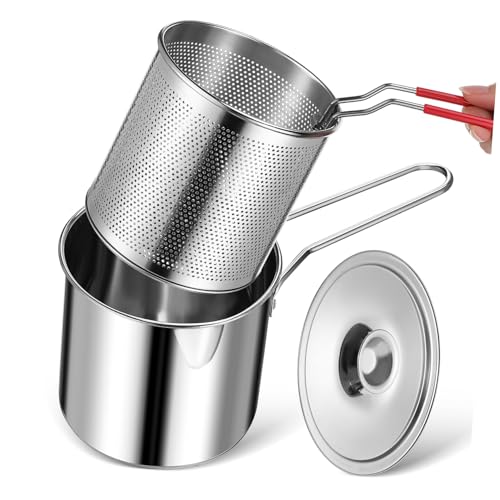 ROMISBABA Edelstahl Fritteuse mit Filterkorb und Deckel Kompakter für Haushalt und Outdoor Platzsparender Mini-frittier-topf aus Stahl für Kleine Küchen und Ausflüge von ROMISBABA