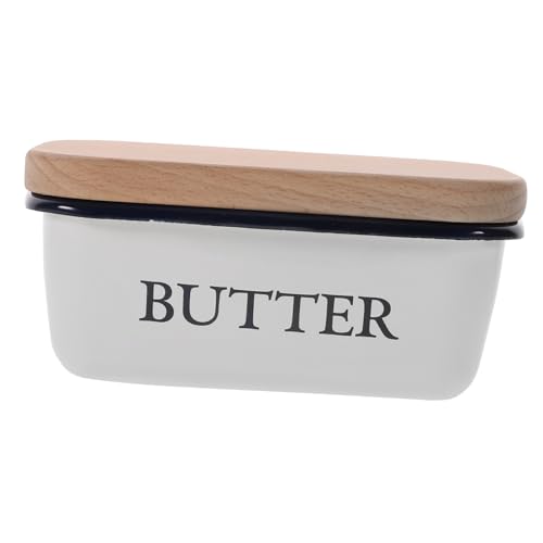 ROMISBABA Emaillierte Butterdose mit Holzdeckel Kleine Rechteckige Butterschale Langlebiger Butterbehälter für Frischeerhalt Kratzfeste Oberfläche Praktischer Butteraufbewahrer von ROMISBABA