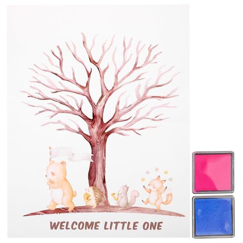 ROMISBABA Gender Reveal Fingerabdruck Baum Gästebuch mit Poster Blauen und Pinken Stempelkissen Klebepunkte Partydeko für Shower und Geschlechtsverkündung von ROMISBABA