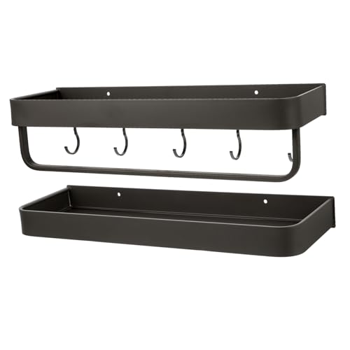 ROMISBABA Multifunktionales Wandregal aus Aluminium mit Haken und Stange Bad Küchen Organizer Rostfrei Platzsparend zur Aufbewahrung von Shampoo und Badutensilien von ROMISBABA