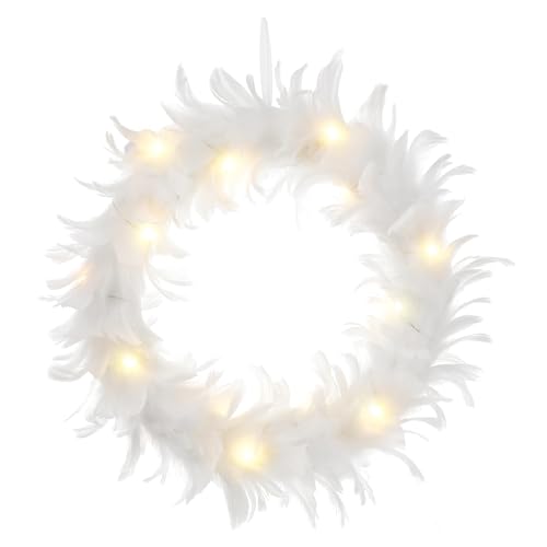ROMISBABA Weißer Federkranz mit LED Beleuchtung Künstlicher Türkranz Leuchtende Weihnachtsdekoration für Haustür Stilvoller Hängender Kranz für Festliche Wohnraumgestaltung von ROMISBABA