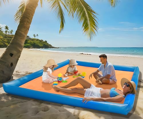 ROMIVO Stranddecke Sandfrei 210 X 200 cm Picknickdecke Wasserdicht, Strandmatte Aufblasbar Klappbar mit 4 Befestigungsecken & 1 Transportbeutel & 1 Spannseil für Familie, Campen, Strand, Park, Garten von ROMIVO