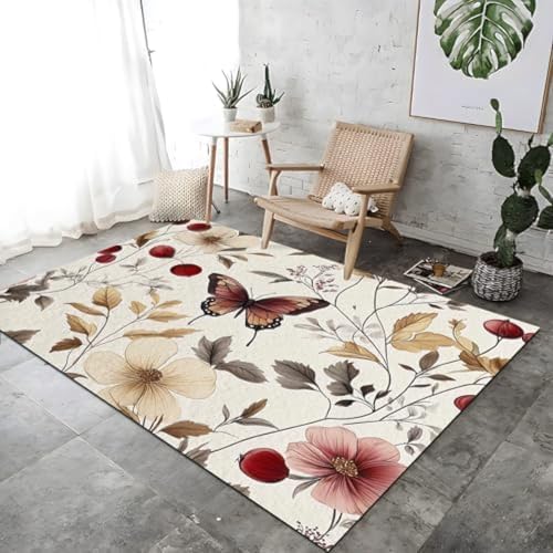 Farbenfrohe Lounge Teppiche, Teppich Innenteppich Aquarell Rosen Und Schmetterlinge Entwerfen Großer Teppich Atmungsvoll Und Weich Für Schlafzimmer Küchen Schlafsaal, von ROMOER