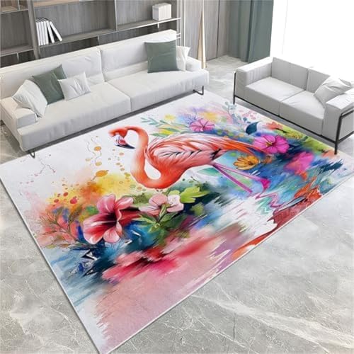 ROMOER Blumen Fläche Teppiche Bemalt Flamingo Maschinenwaschbarer Teppich Weiche Flauschige, Rutschige Haufen Teppich Für Wohnzimmer Schlafzimmer Esszimmer Küchenbüro & Kinderzimmer, von ROMOER